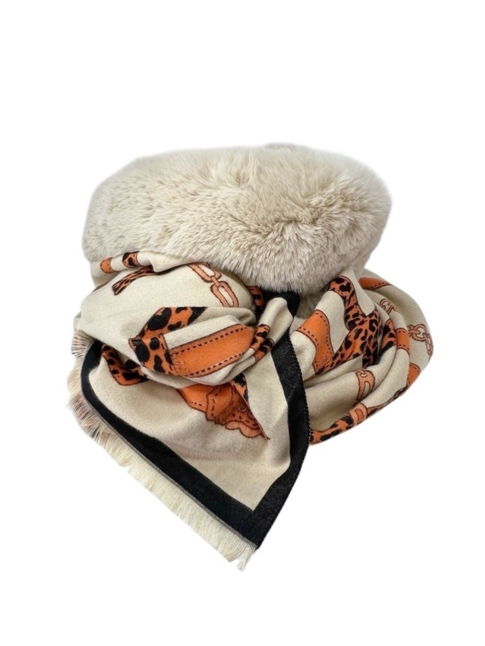 La Fiorentina Wrap with Faux Fur Trim Scarf Camel/Orange 72”x24” Leopard New NWT
